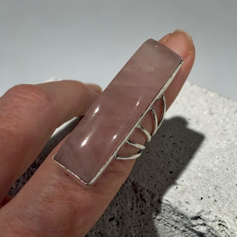 Rose Quartz Bar Ring 925 Silver Plated Statement Size 7